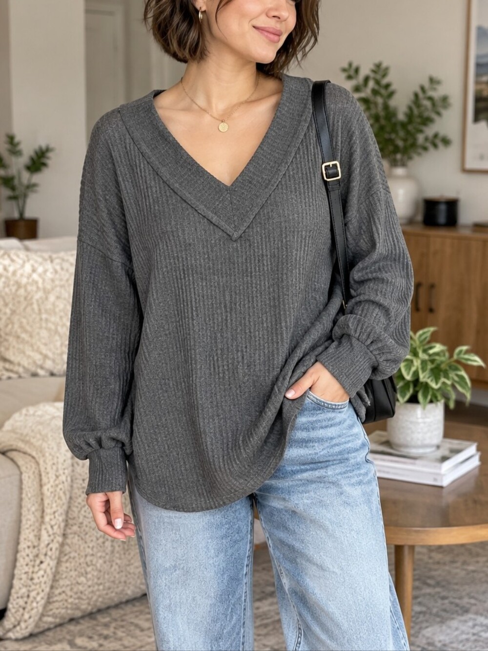 BiBi The Hadley Waffle Knit V-Neck Oversized Sweater Size L NWT